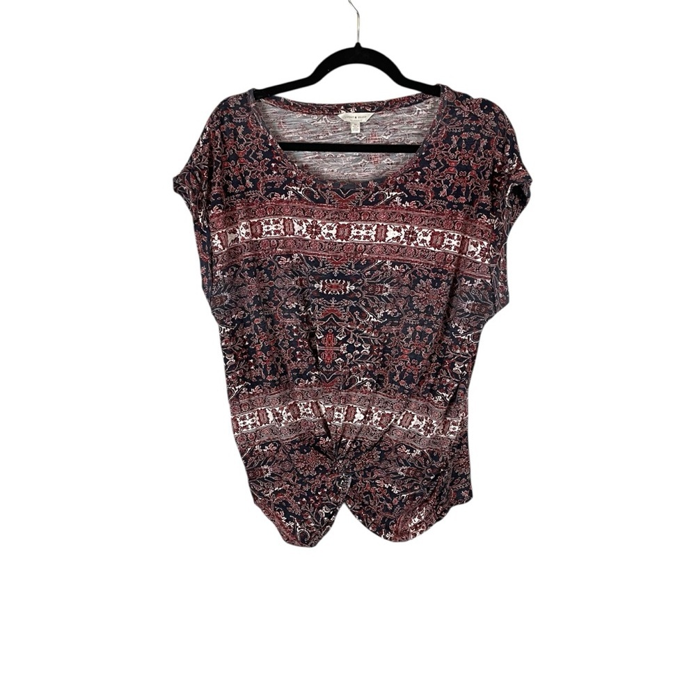 Lucky Brand Boho Floral Twist Front Tee Top Red Navy M